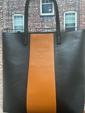 MCM Black & Cognac Vertical Stripe Leather Tote
